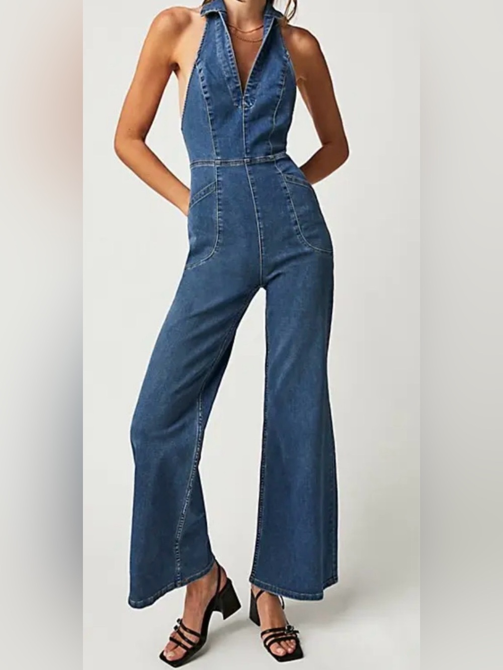 Denim Halter Wide-Leg Jumpsuit in Dark Blue We the Free Size Small
